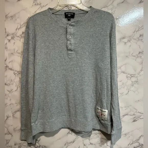 True Religion Men’s Gray Sweatshirt Long Sleeves Waffle Knit Size L
