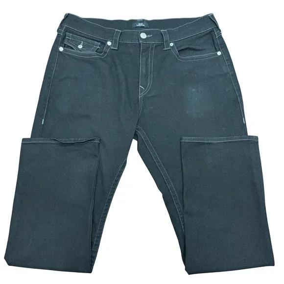 True Religion Ricky Relaxed Straight Jeans Mens 36‎ Black Contrast Stitch Flap