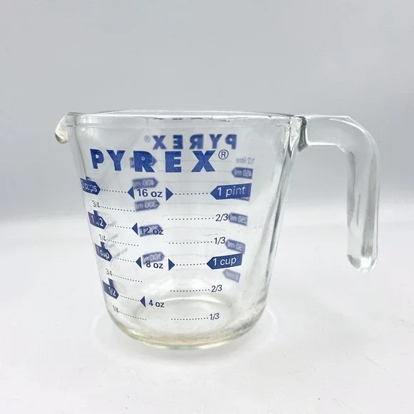 Vintage Pyrex 2 Cup Glass Measuring Cup Clear Blue Letter 1980s Corning USA