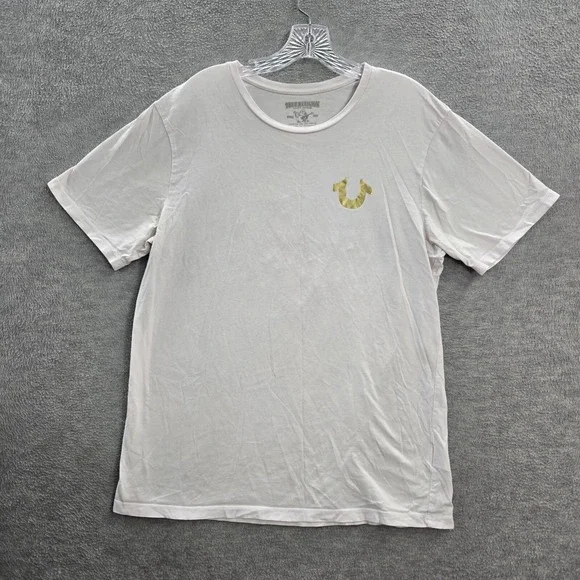 True Religion Men Shirt Large White Logo Buddha Graphic Short Sleeve Tee READ