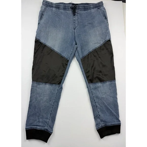 True‎ Religion Jogger Pants Men's Approx 40 Blue Denim Contrast Panel Drawstring