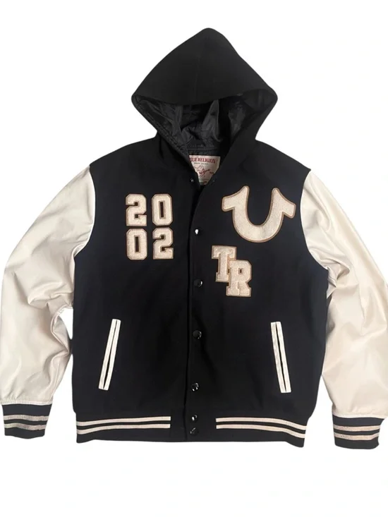 True Religion Hooded Varsity Jacket Mens Medium Black White Streetwear Y2K