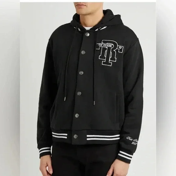 True Religion Logo Hooded Cotton Varsity/Bomber Jacket. Size XL