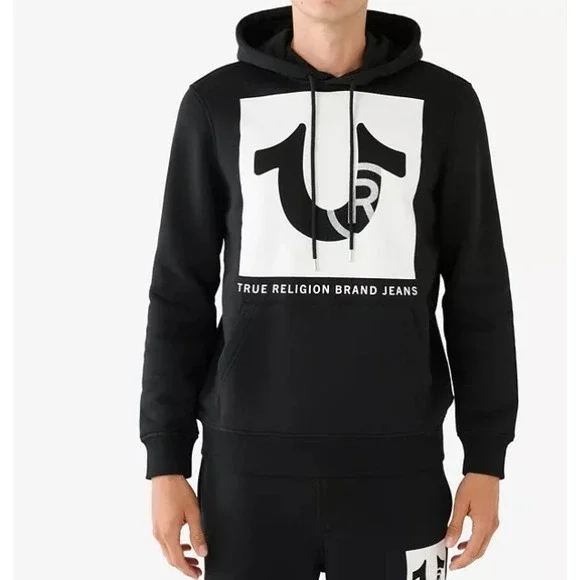 True Religion Rhinestone Horseshoe Graphic Hoodie Mens M Black Skater Pullover