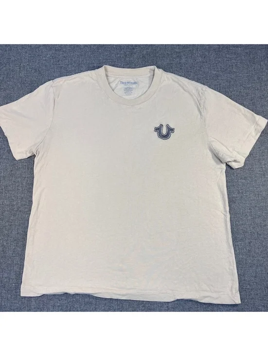 Men's True Religion Short Sleeve T-shirt, cream with embroidered logo, Medium