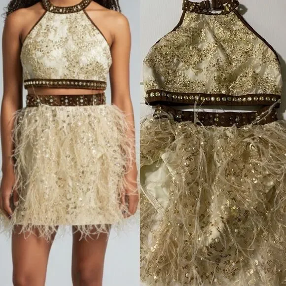 Glamour solo dance costume 2 piece cream tan feather embellished SA adult