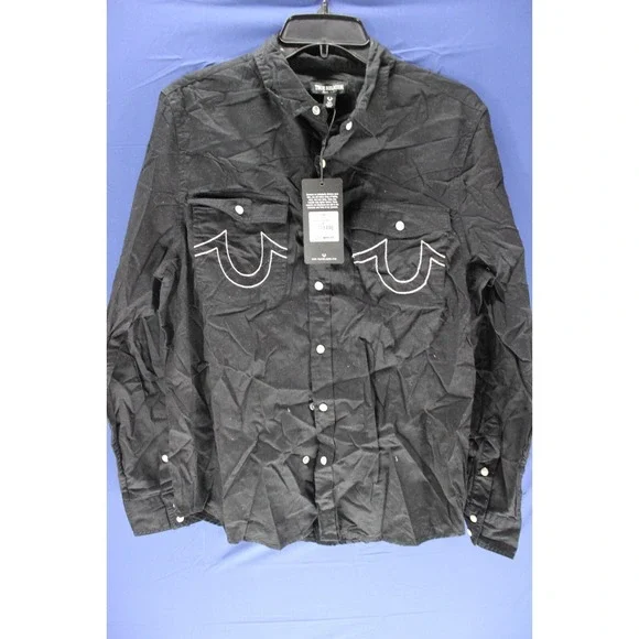 NWT True Religon‎ Woven Shirt Button Up Pearl Snap Western Cowboy Ranch Black SM