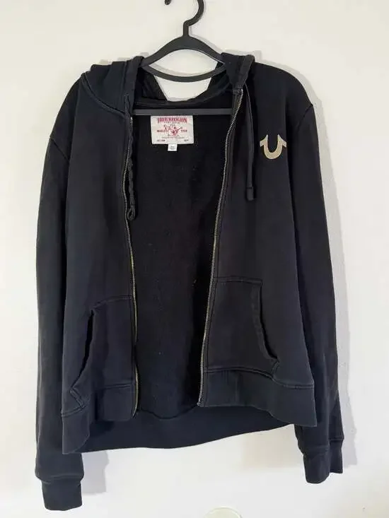 True Religion Men's Black Full-Zip Hoodie with Gold Buddha Logo