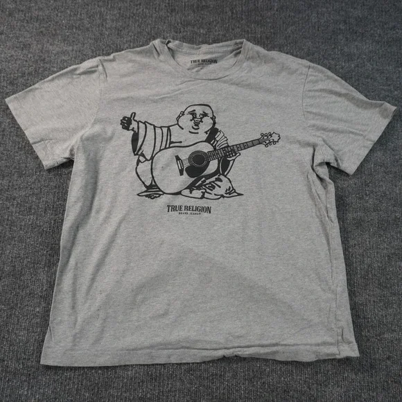 True Religion Graphic T-Shirt Mens Small Gray Buddha Guitar Relaxed Fit Tee