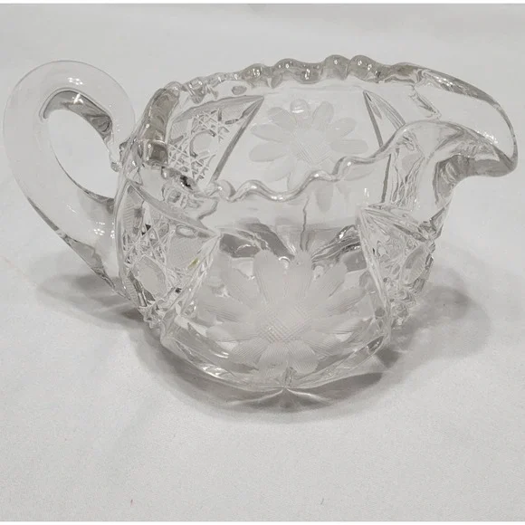 Clear Pressed Glass Floral Pattern Creamer with Handle, Decorative Round