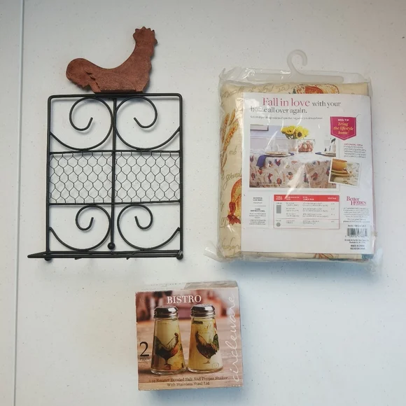 BISTRO SET OF SALT, PEPPER, tablecloth, and napkin‎ holder WITH ROOSTER DECALS