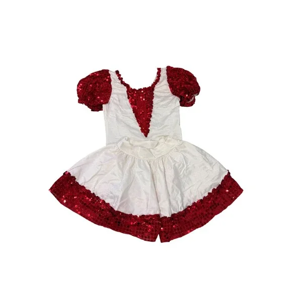 Vintage 90s Kids Dance Costume Competition Set Red White Sequin Bodysuit Skirt
