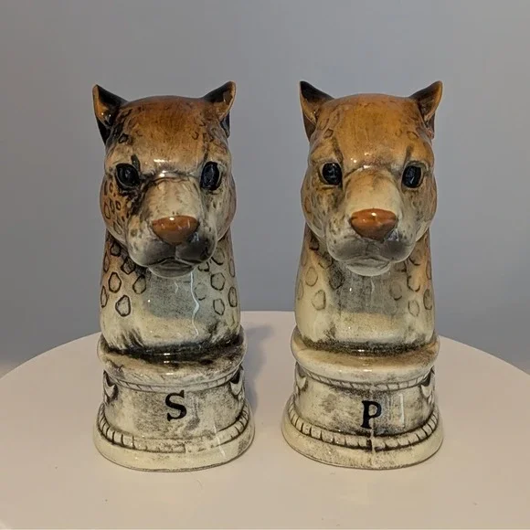 Vintage Ceramic Leopard Head Salt And Pepper Shakers‎ Made In Japan