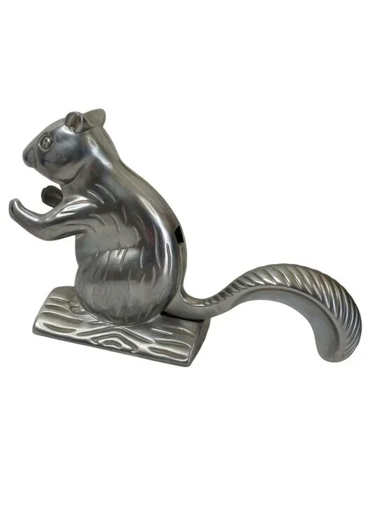 Vintage Squirrel Nut Cracker Mechanical On Tree Log Cast Aluminum Animal