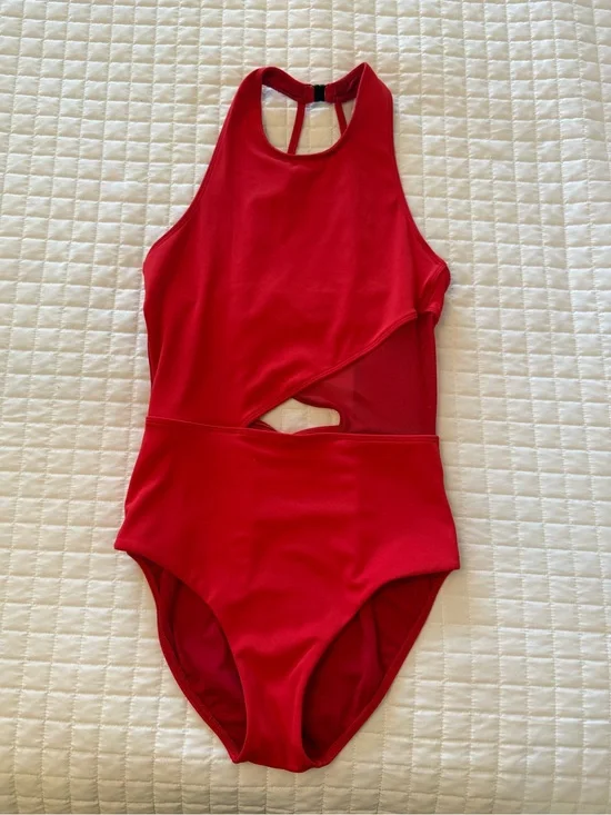 Red High-Neck Kids Dance Leotard with Cutout