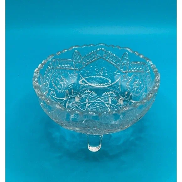 Vintage Footed Cut Glass Etched Round Nut Bowl -‎ 4