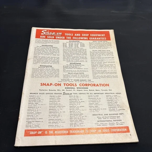 Vintage August 1962 Snap-on Tools Catalog Y Tool Equipment Automotive Mechanics