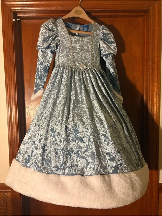 Light Blue Velvet Princess Costume Dress with White Faux Fur Trim