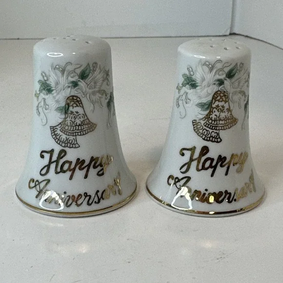 Happy Anniversary Bell Shaped Salt & Pepper Shakers Lefton Japan 1150