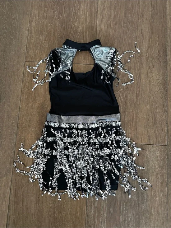 Revolution  girls Black and Silver Sequin Fringe Dance Halloween Costume. Size L