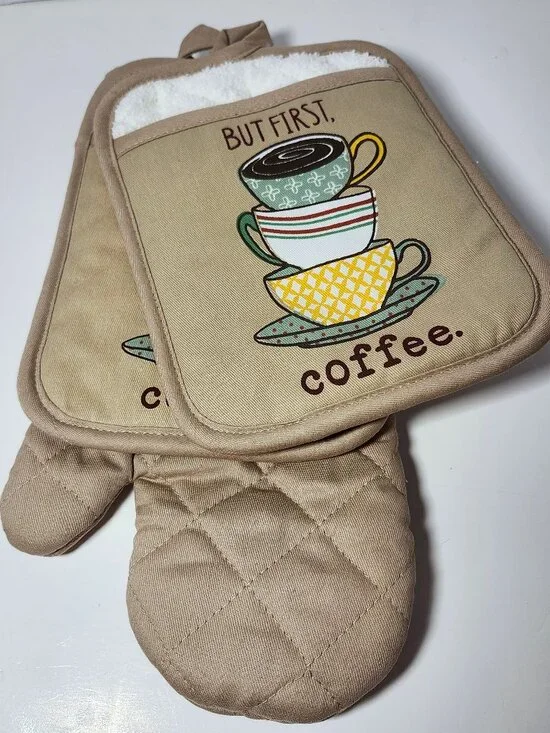 Sonoma But First Coffee Kitchen Set 3-Pc Oven Mitt & 2 Mini Pot Holders NWT