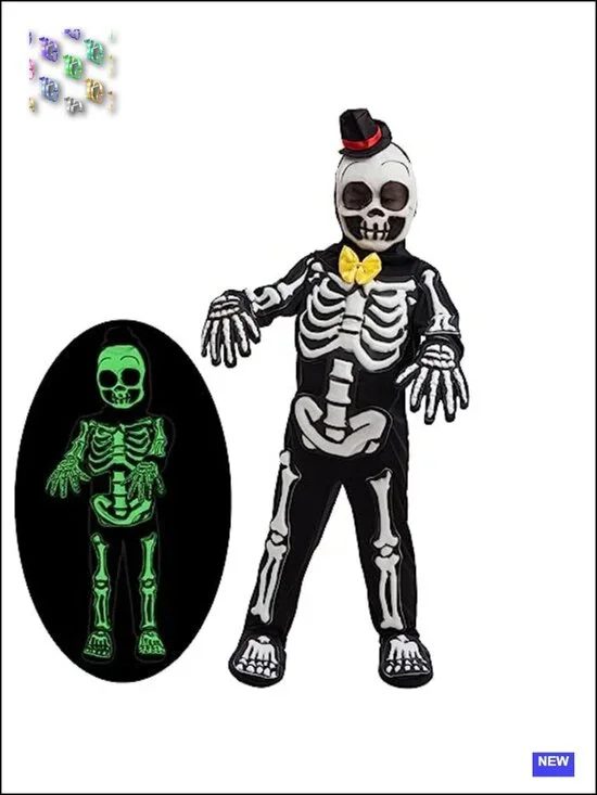 Kids Skeleton Costume Glow in the Dark Bone Jumpsuit with Mask & Gloves