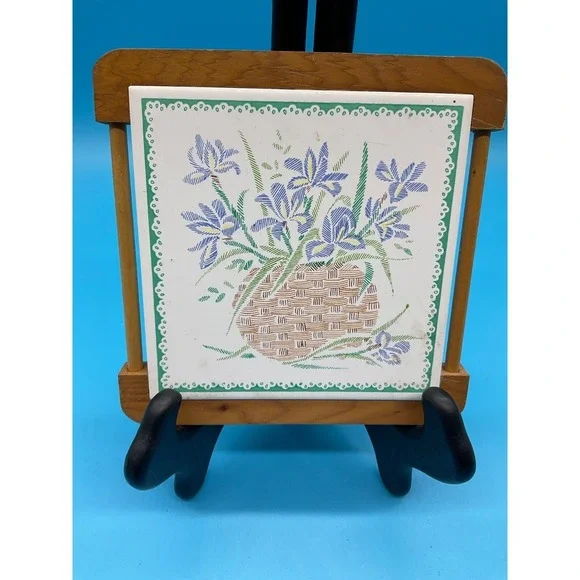 Vintage Iris Flower Basket Trivet Ceramic Tile Wood Frame Grandmacore‎