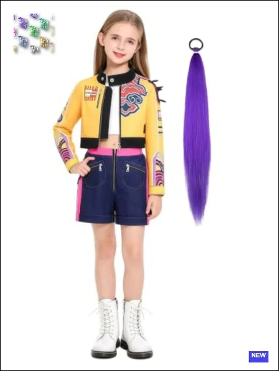 Girls Pop Star Heroine Halloween Costume Set - Jacket, Top, Shorts, Wig