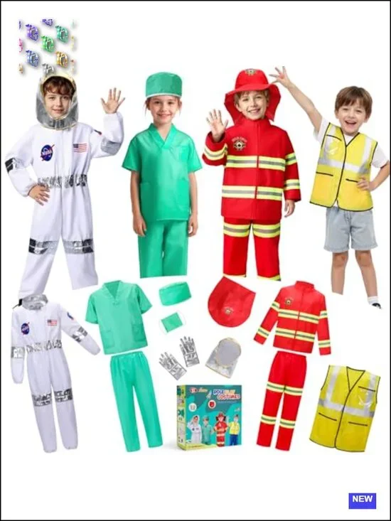 4-in-1 Kids Career Dress-Up Costume Set Astronaut Firefighter Doctor