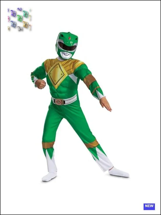 Official Mighty Morphin Green Ranger Kids Costume Set with Mask & Jumpsuit