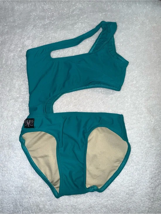 Kandi Kouture Teal One-Shoulder Cutout Kids Leotard Size‎ Child Medium (5/6)