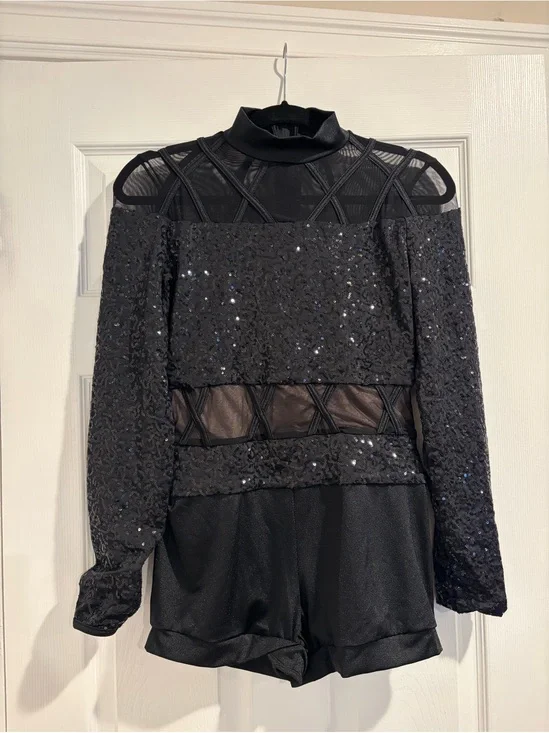 Weissman Black Sequin Long Sleeve Biketard “Love Runs Out”