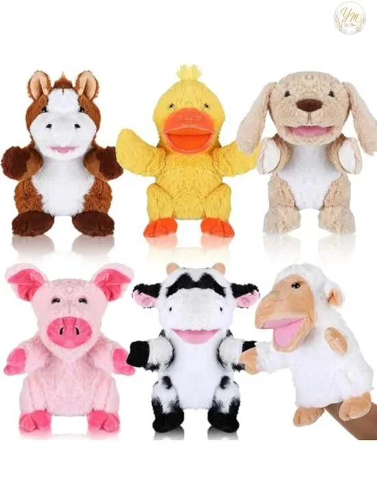 6 Pcs Plush Animal Hand Puppets with Movable Mouth - Farm Set for Kids