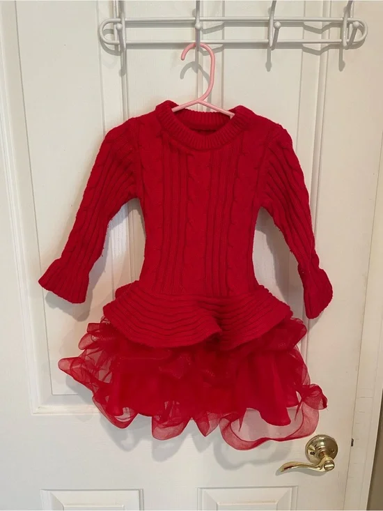 2T Toddler Red Cable-Knit Dress with Tulle Skirt