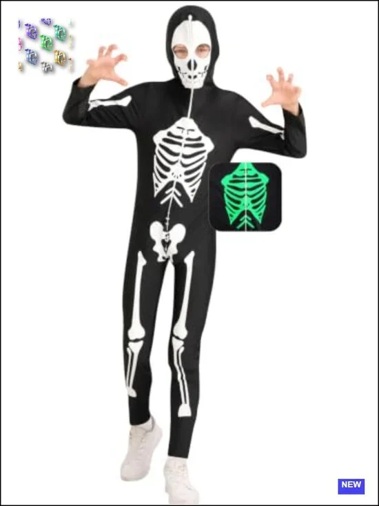 Kids Glow in the Dark Skeleton Costume Bodysuit Halloween 5-14Y