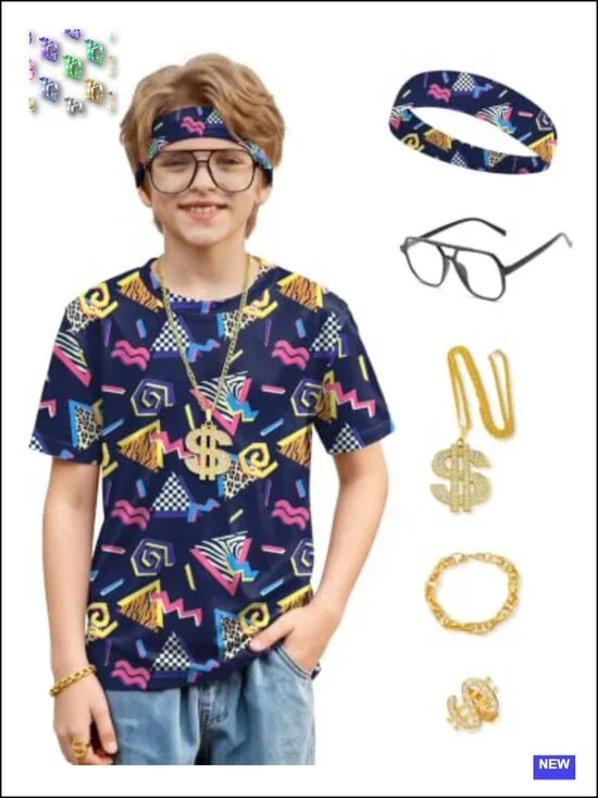 Boys Retro 80s 90s HipHop Costume 6-Piece Set Disco Theme Party Outfit