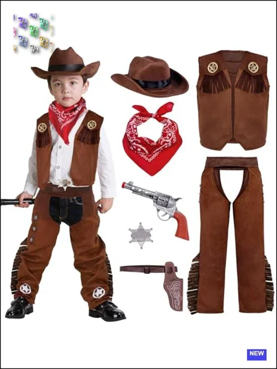 Kids Cowboy Costume Set 8 Pc Halloween Western Outfit with Hat Vest Pants