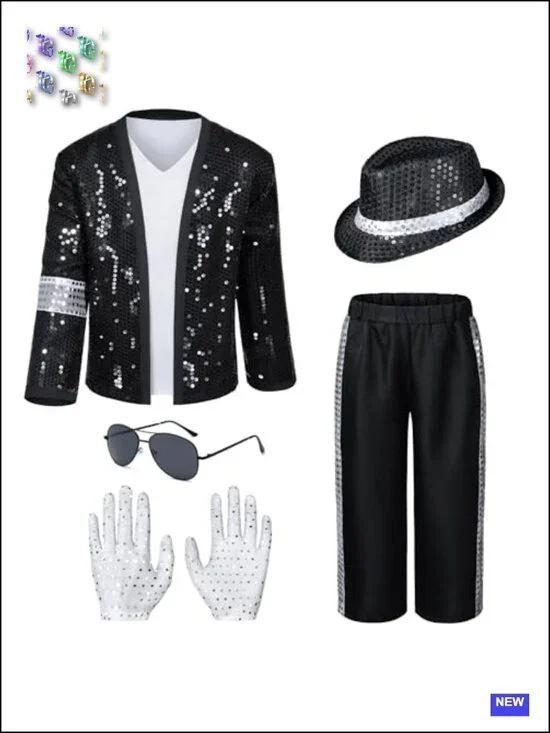 Boys 80s 90s Dance Star Costume Set Sequin Jacket Hat Gloves Sunglasses