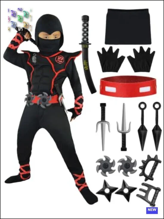 Ninja Costume for Kids Halloween Cosplay with Mask Belt Gloves Foam Weapons