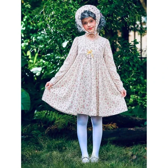 Girls Old Lady Costume Kids 110cm 4T - 5T Floral Dress Wig Bonnet 100th Day B3