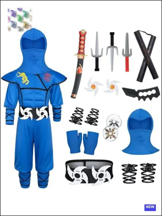 Kids Ninja Costume Set with Muscle Jumpsuit, Mask & Toys - Halloween Dress Up
