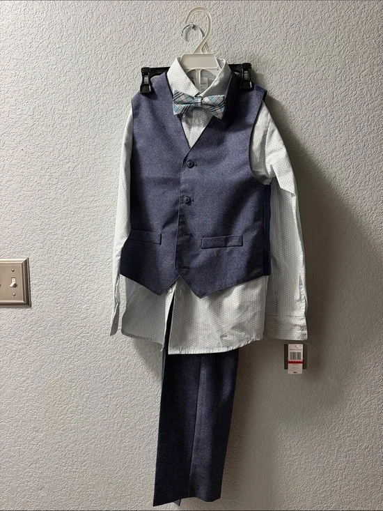 Boys Navy Vest Suit Set with Light Blue Shirt and Plaid Bow Tie