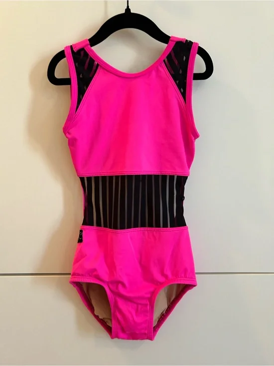 Girls' Hot Pink Dance Leotard with Black Mesh Panels - Child’s Large