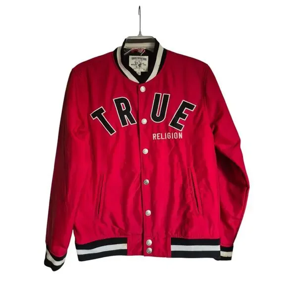 True Religion Varsity Jacket Mens XL Red Vintage 2002 Graphic Logo Streetwear
