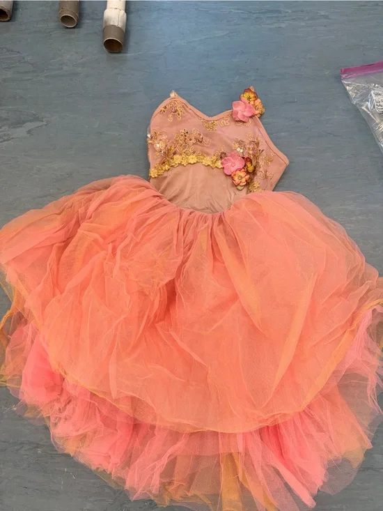 Girls Coral Pink Floral Tulle Ballet Dress