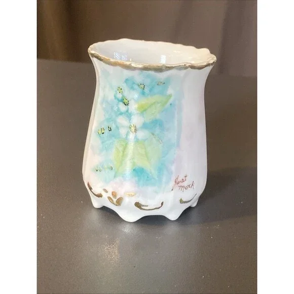 Vintage Toothpick Holder Floral Signed Janet Mock 2.5” Painted Footed