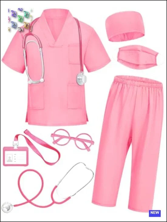 Kids Doctor Scrubs Costume Set 7 Pieces with Real Stethoscope Top & Pants