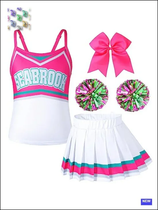 Kids Cheerleader Costume Set with Skirt, Poms, Headband - Halloween Party Outfit