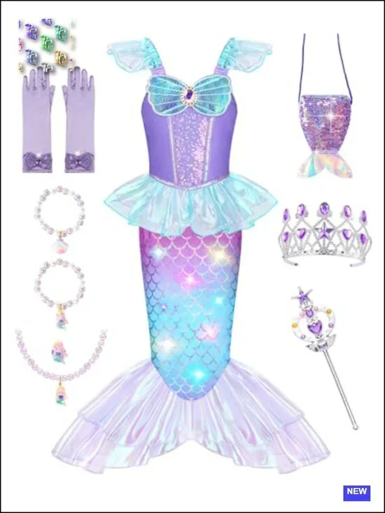 Light Up Mermaid Costume Dress Up Set with Purse Gloves Jewelry Crown Wand