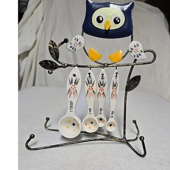 Ceramic Owl Measuring Spoons Set with Metal Branch Display Stand 5 Piece Set